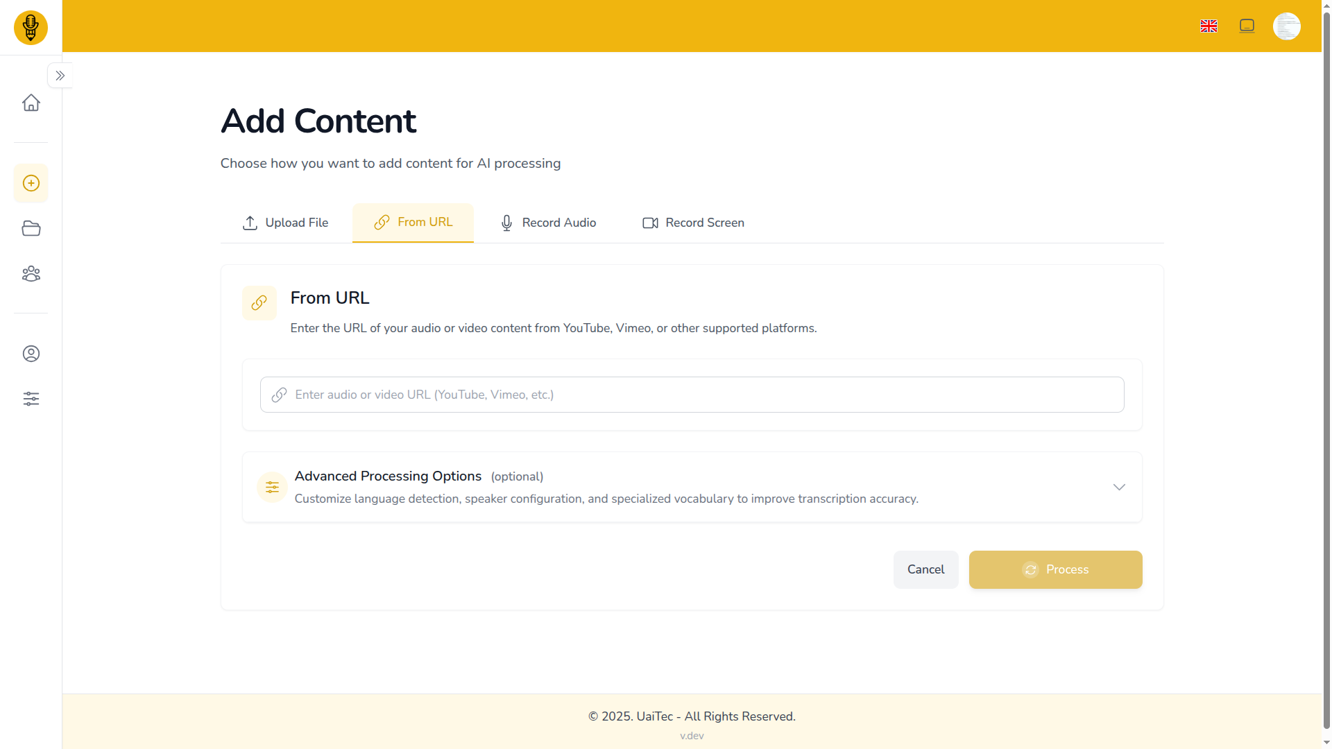 Four content capture methods—screen recording, link pasting, file upload, and direct audio recording